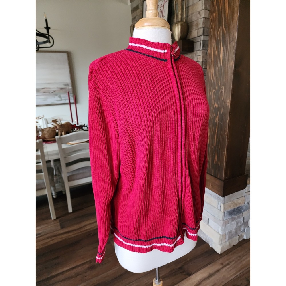 Y2K Mountain Lake Ribbed Zip Up Sweater Red White Blue Trim‎ Size XL Cotton